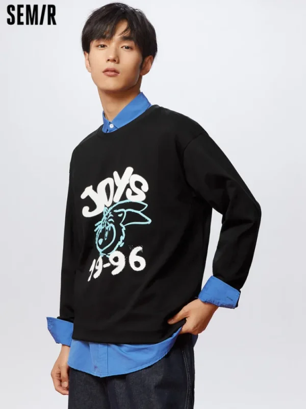 SEMIR Unisex's 100% Cotton Double-Yarn Single Jersey Monogram Loose Crew Neck Long-Sleeve T-shirt